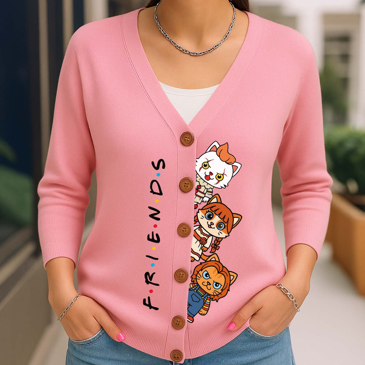 Personalized Halloween cat cardigan in pink with cute cat graphics and button closure