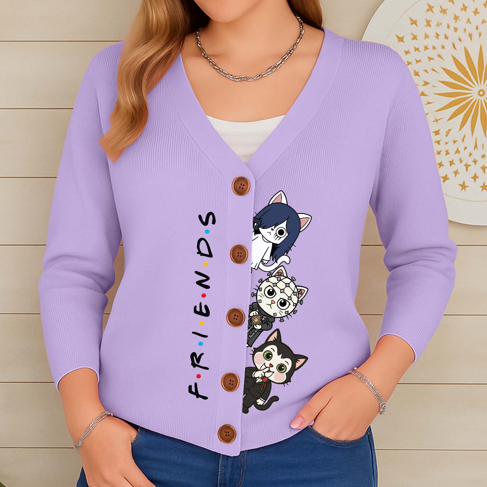 Personalized Halloween cat cardigan in lavender with cute cat designs and button closure