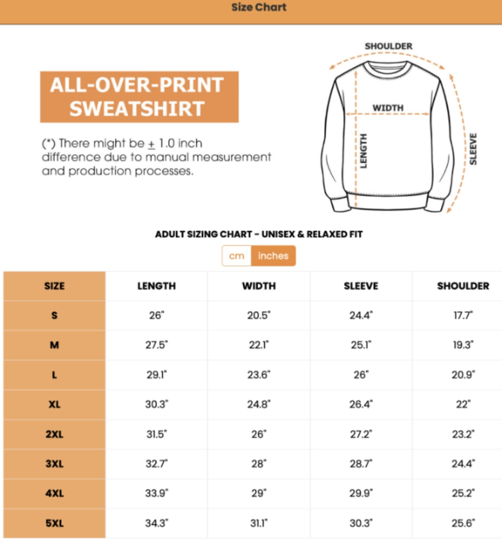 Size chart for all-over-print sweatshirt with measurements for personalized Halloween cat cardigan