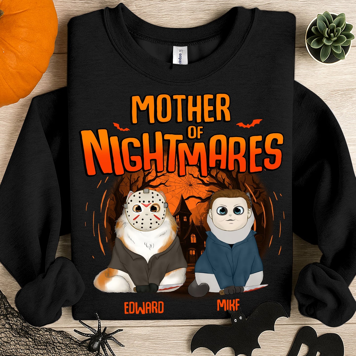 Personalized Halloween cat shirt featuring cartoon characters with spooky background and Halloween theme