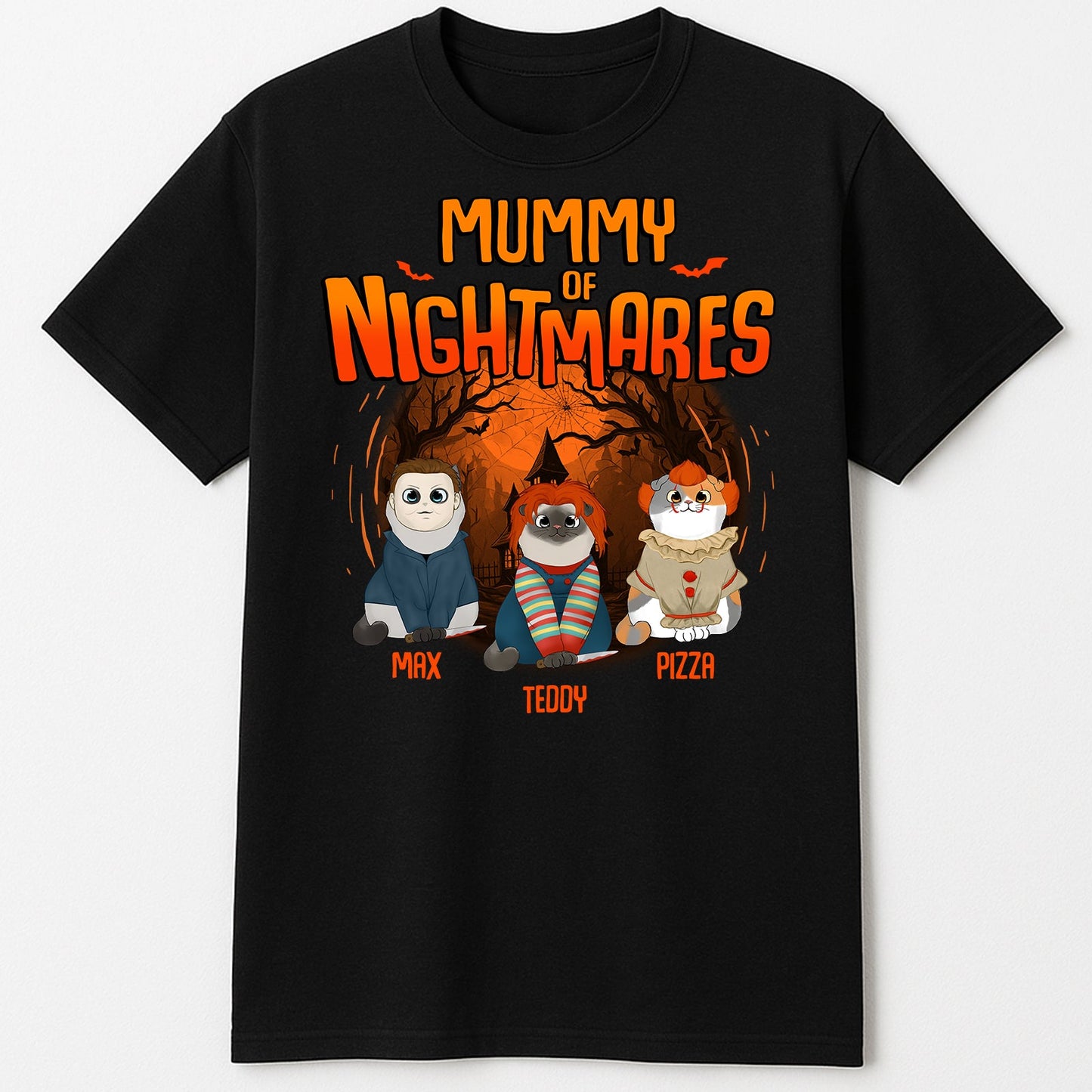 Personalized Halloween cat shirt featuring cute cartoon cats in spooky costumes for festive celebrations