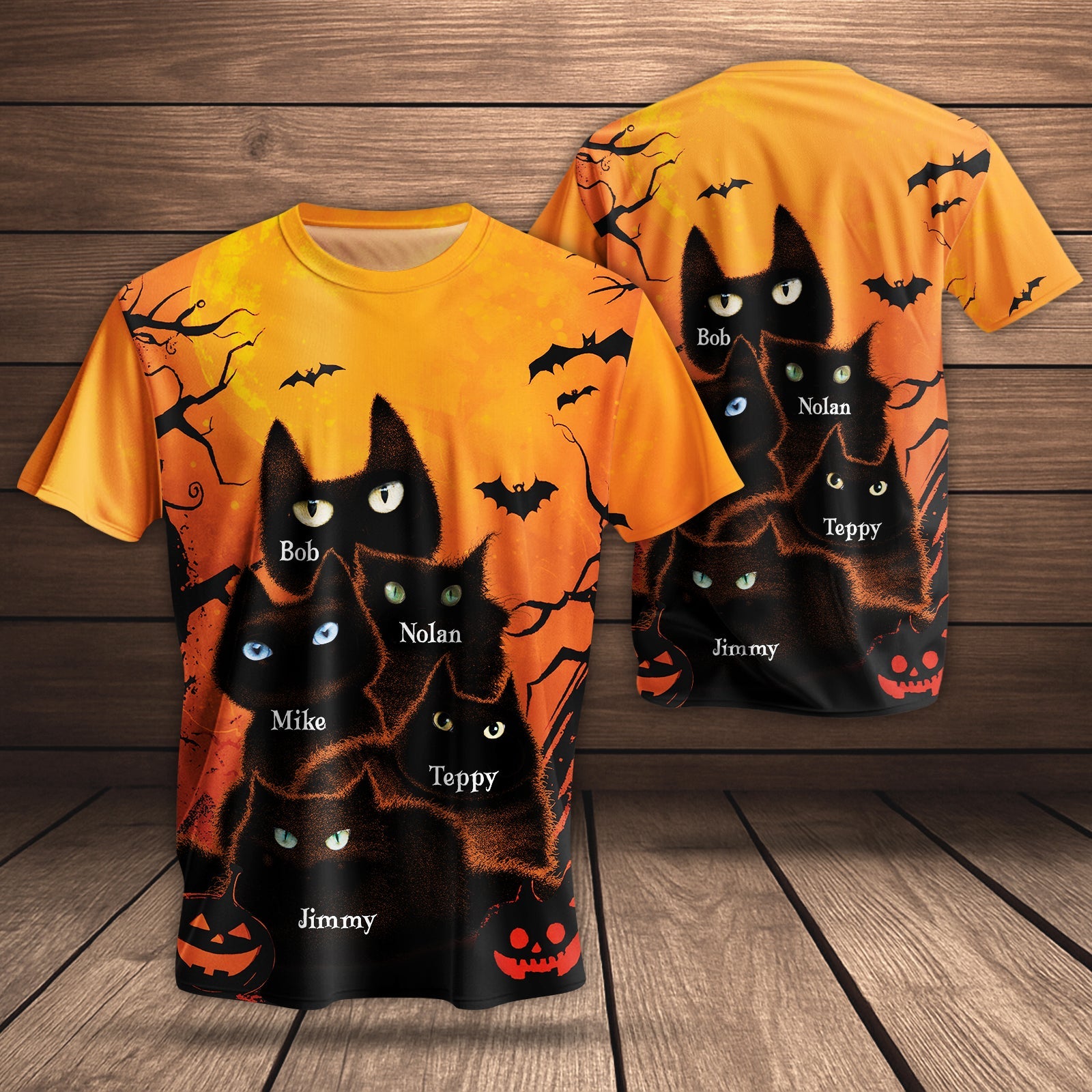 Personalized Halloween cat t-shirt featuring black cats and spooky pumpkins with names on the design