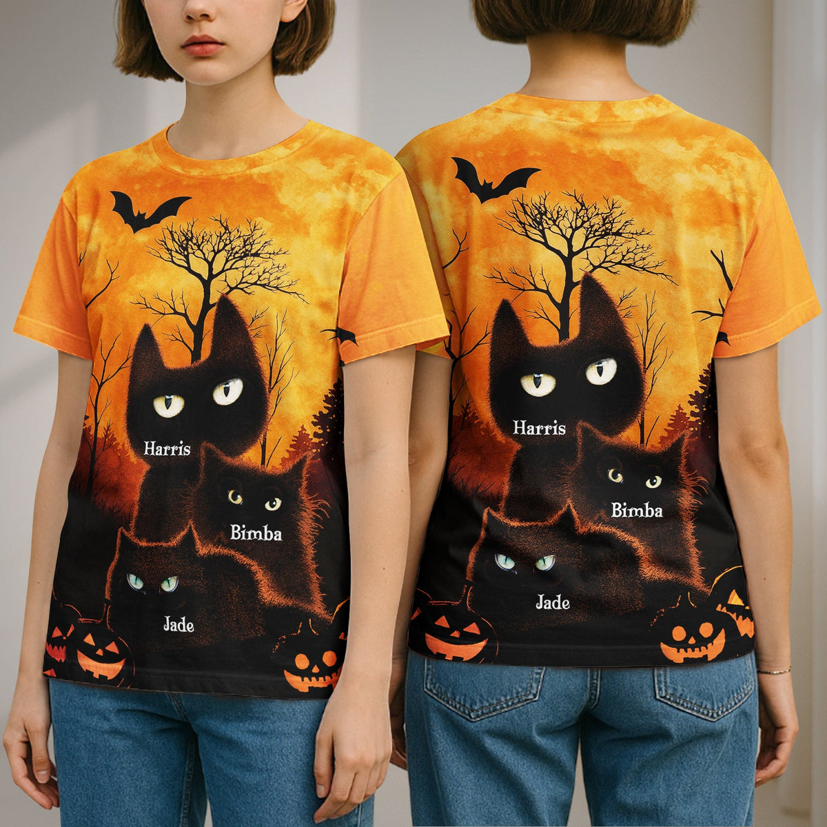 Personalized Halloween cat t-shirt featuring black cats and spooky pumpkins for festive celebrations