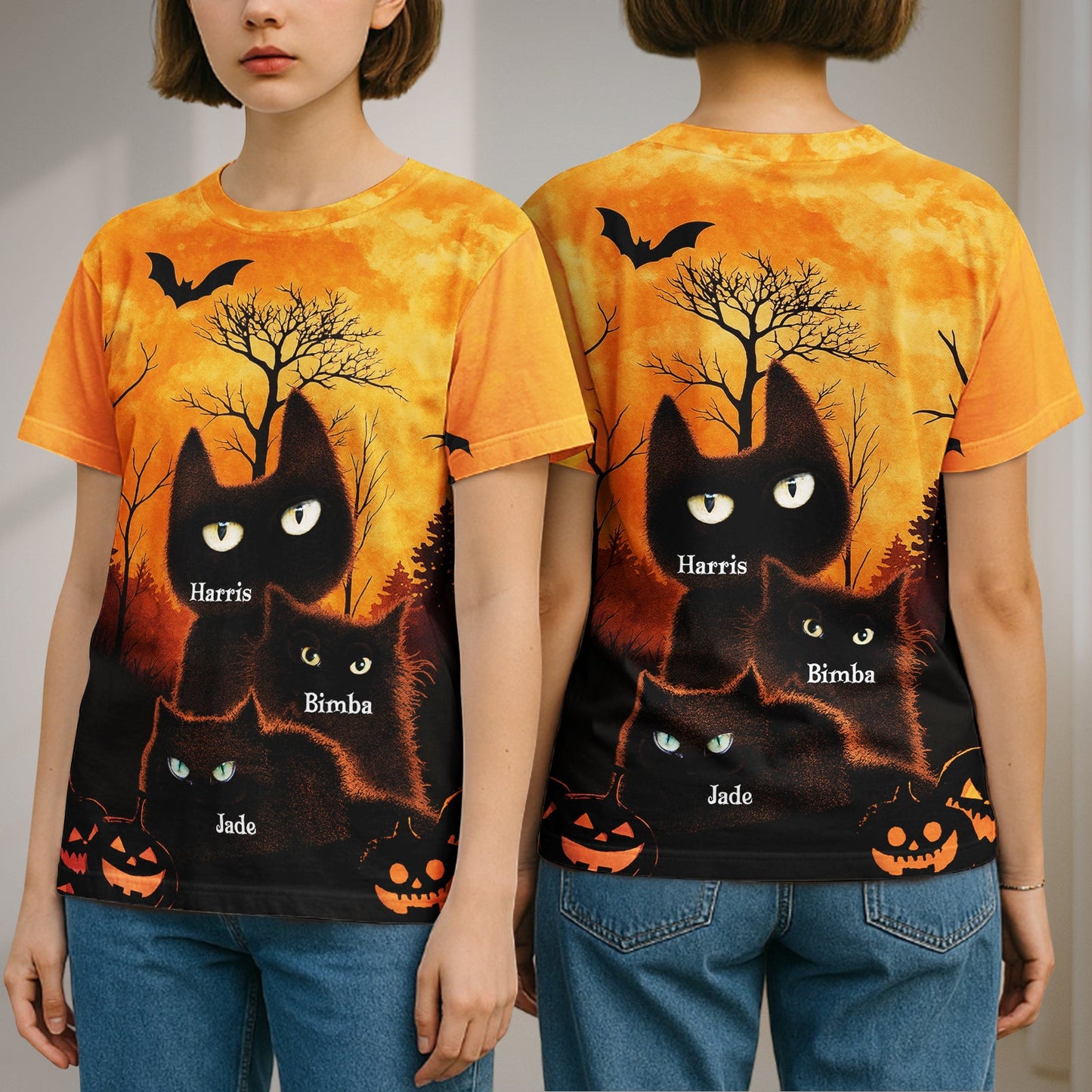 Personalized Halloween cat t-shirt featuring black cats and spooky pumpkins for festive celebrations