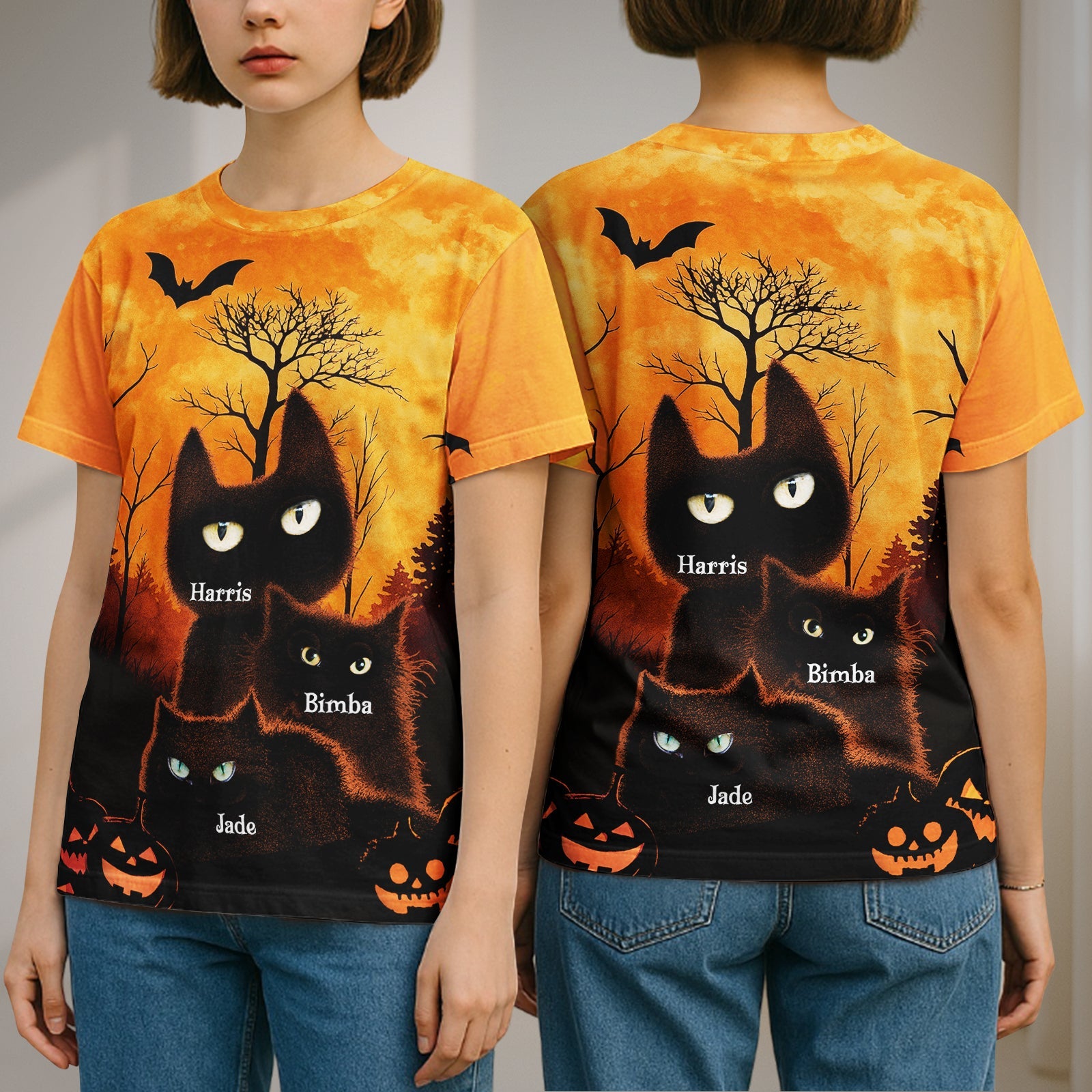 Personalized Halloween cat t-shirt featuring black cats and spooky pumpkins for festive celebrations