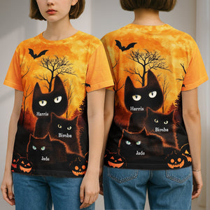 Personalized Halloween cat t-shirt featuring black cats and spooky pumpkins for festive celebrations