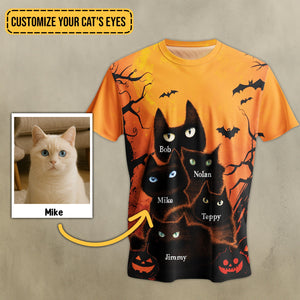 Personalized Halloween cat t-shirt featuring customizable cat images and spooky designs