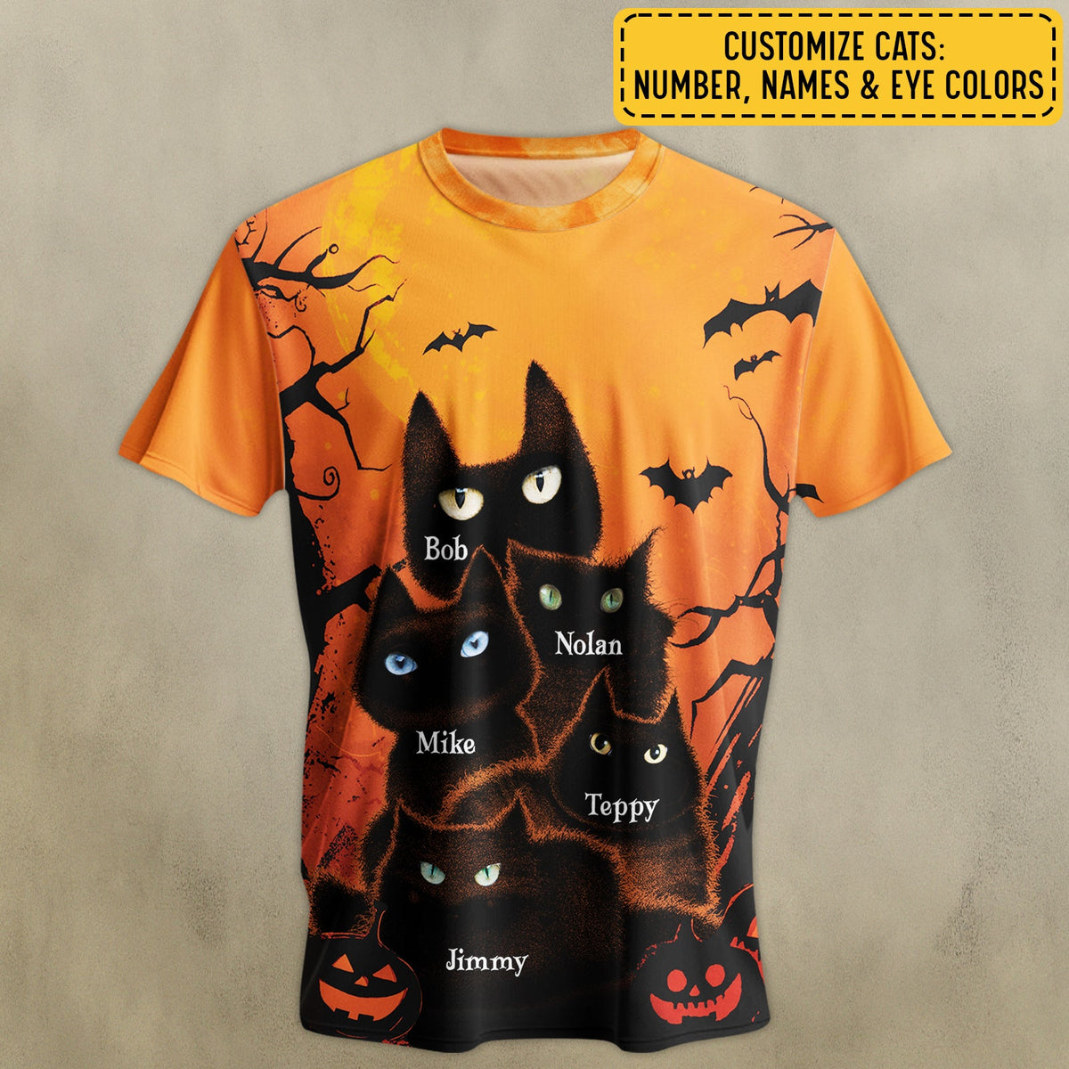 Personalized Halloween cat t-shirt featuring black cats with customizable names and eye colors