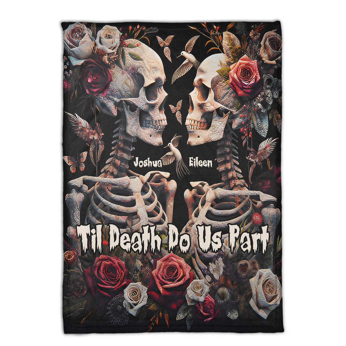 Personalized Halloween couple blanket featuring two decorated skeletons with roses and names Joshua and Eileen