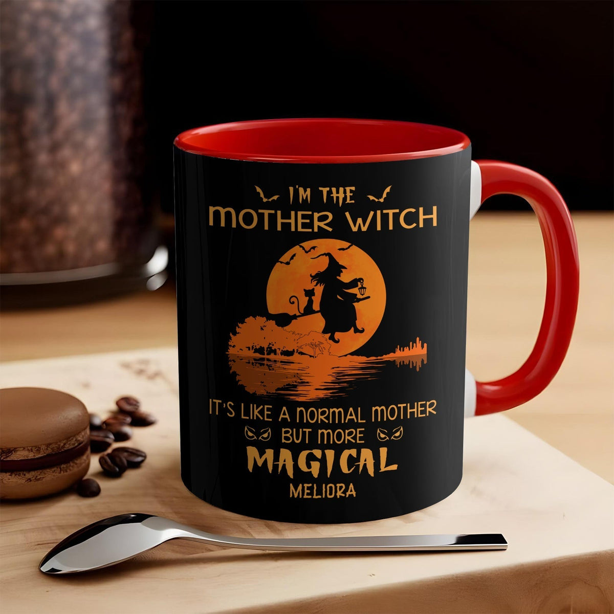 Personalized Halloween grandma mug in black and red with mother witch design and magical text