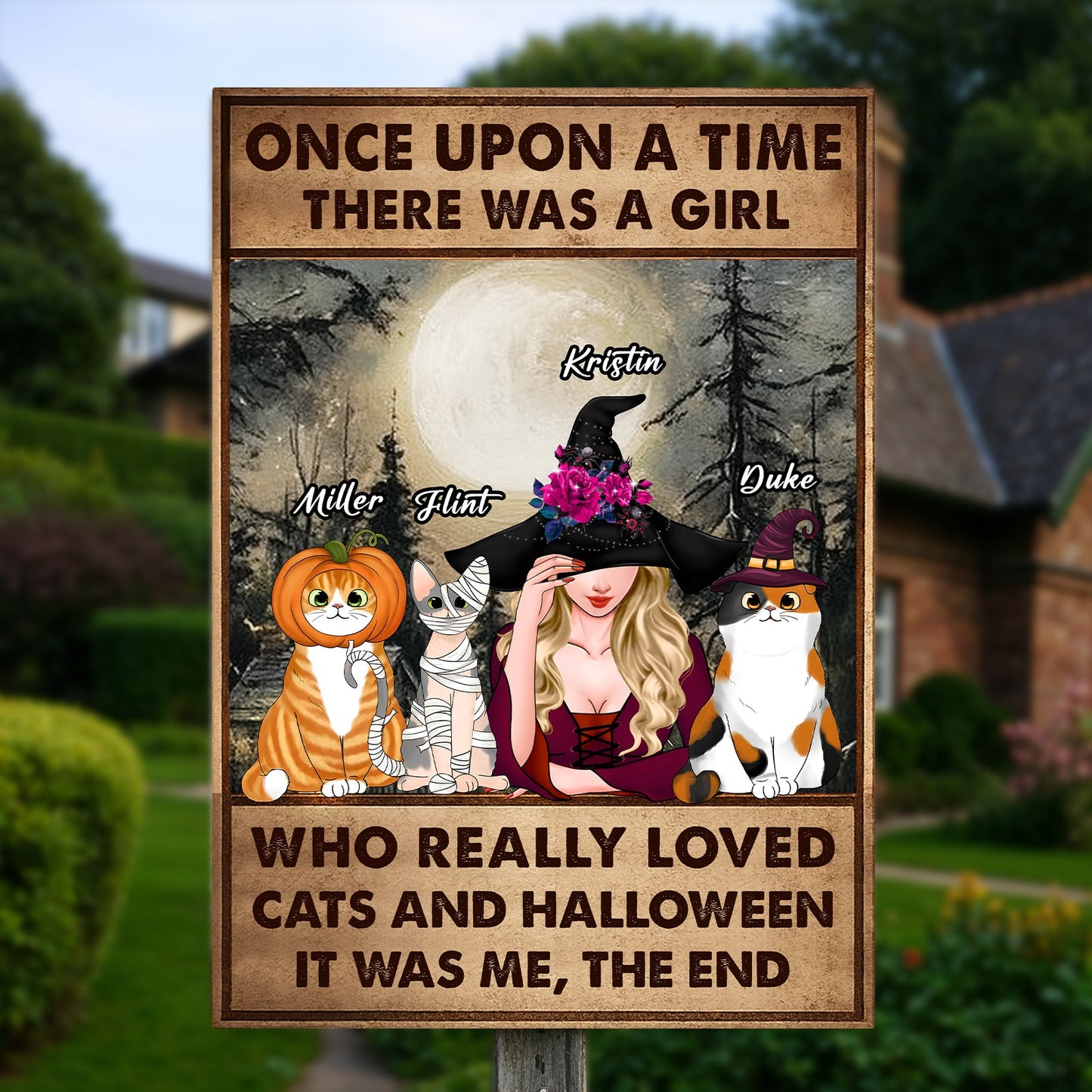 Personalized Halloween metal sign featuring a girl with cats and a pumpkin, perfect for festive decor
