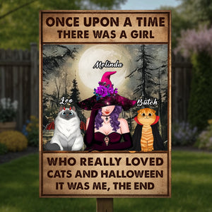 Personalized Halloween metal sign featuring a girl with cats and a witch hat, ideal for Halloween decor