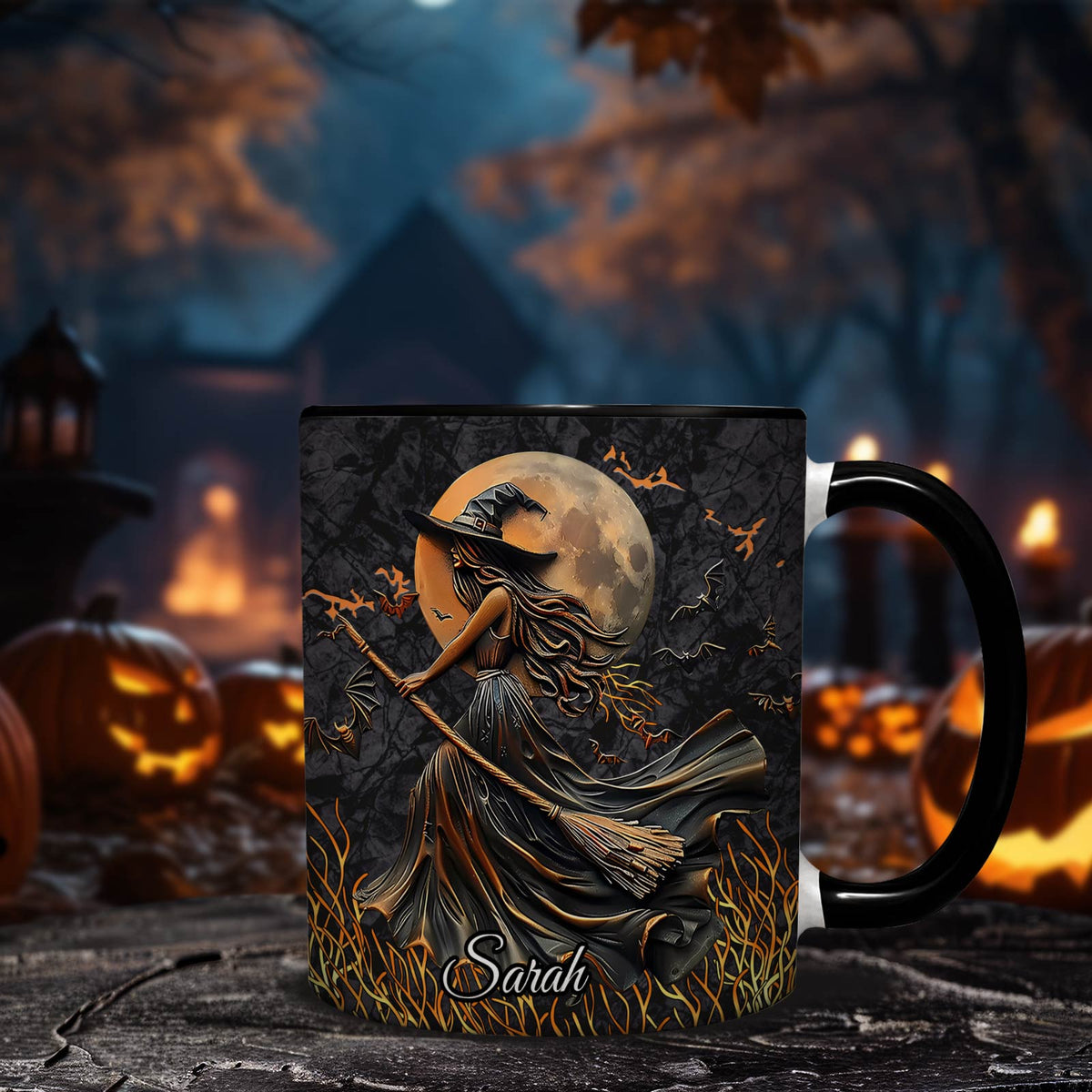 Personalized Halloween mug featuring a witch flying on a broomstick with full moon and bats design
