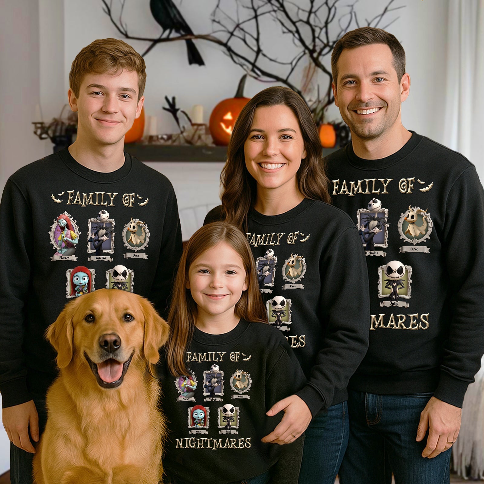 Family wearing personalized Halloween shirt featuring spooky designs with their golden retriever dog