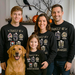 Family wearing personalized Halloween shirt featuring spooky designs with their golden retriever dog