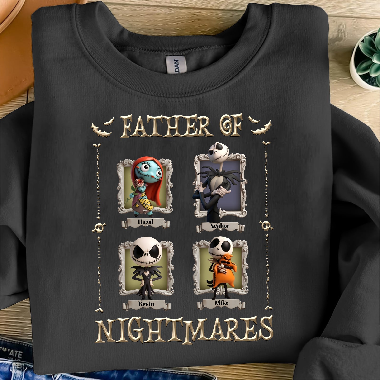 Personalized Halloween shirt featuring Father of Nightmares design with four character frames
