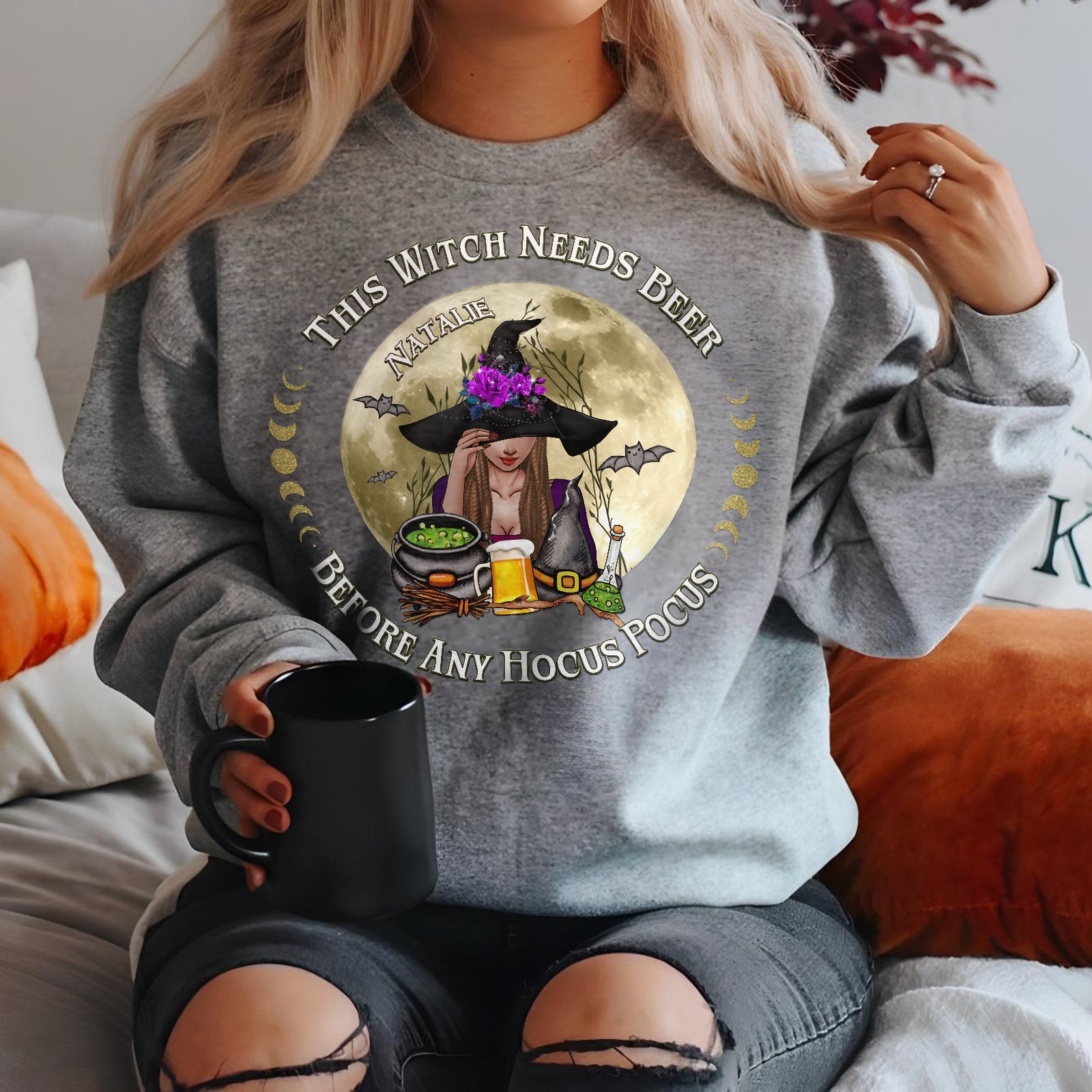 Personalized Halloween sweatshirt featuring a witch, saying This Witch Needs Beer before any Hocus Pocus