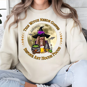 Personalized Halloween sweatshirt featuring a witch design with the text This Witch Needs Coffee
