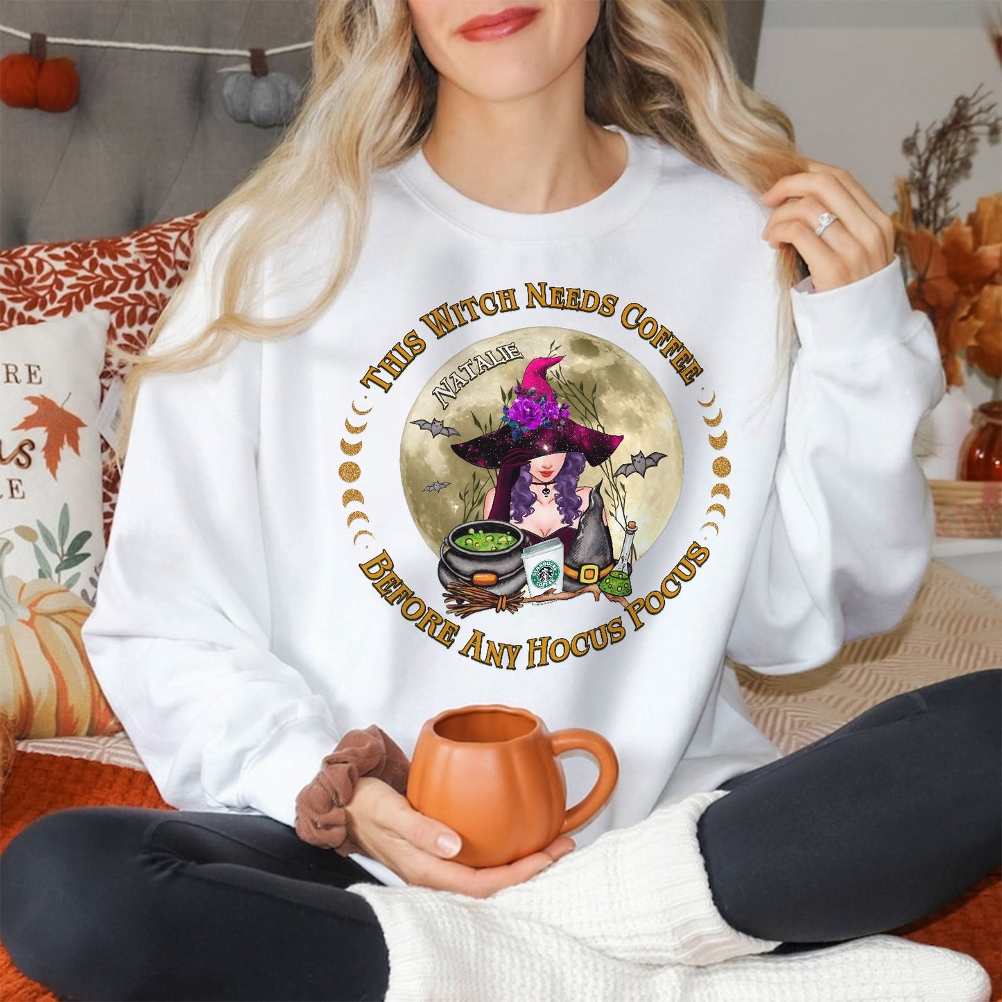 Cozy personalized Halloween sweatshirt featuring a witch with a cauldron and the text This Witch Needs Coffee