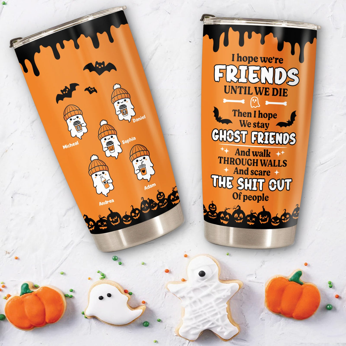 365Gifty personalized Halloween tumbler with ghost characters and spooky orange design