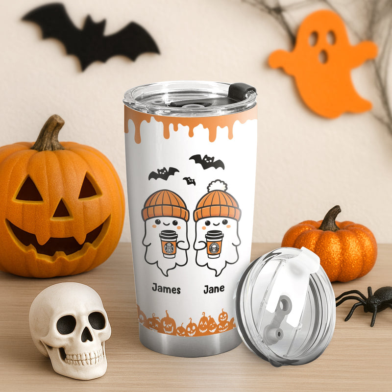 Personalized Halloween tumbler with ghost characters wearing orange hats holding coffee cups