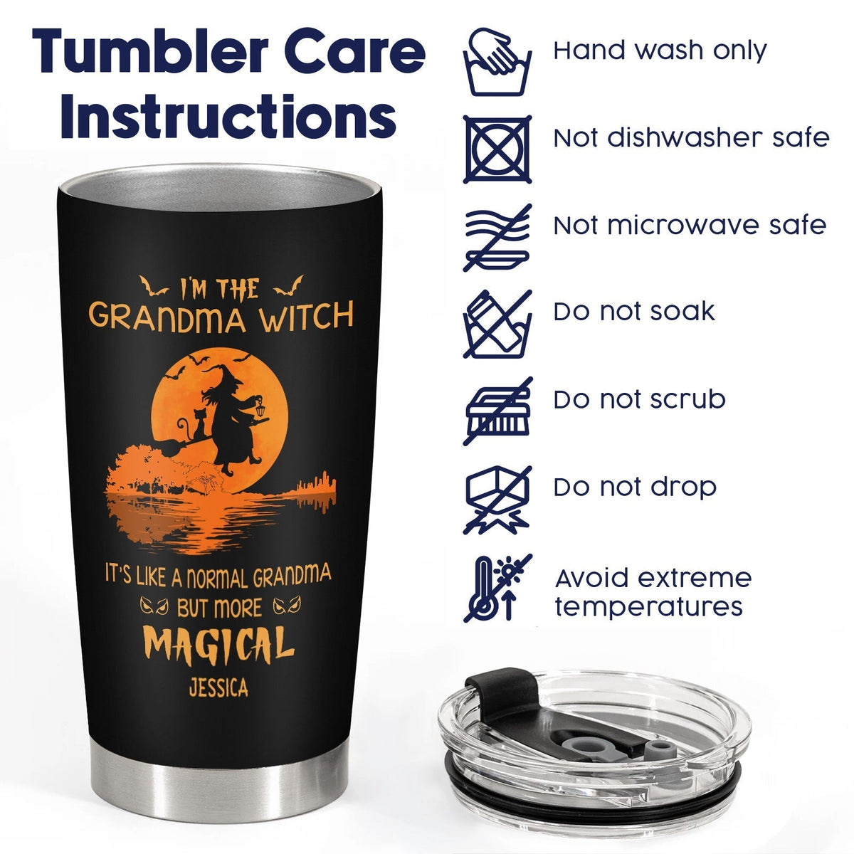 Personalized Halloween witch tumbler with Grandma Witch design and care instructions beside it