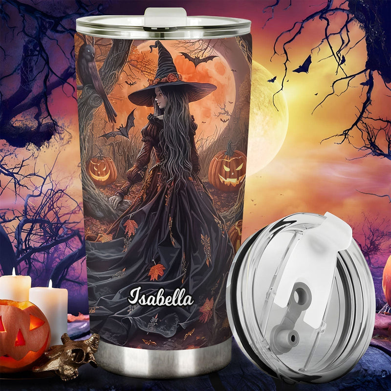 Personalized Halloween witch tumbler featuring a gothic witch, pumpkins, and bats with the name Isabella