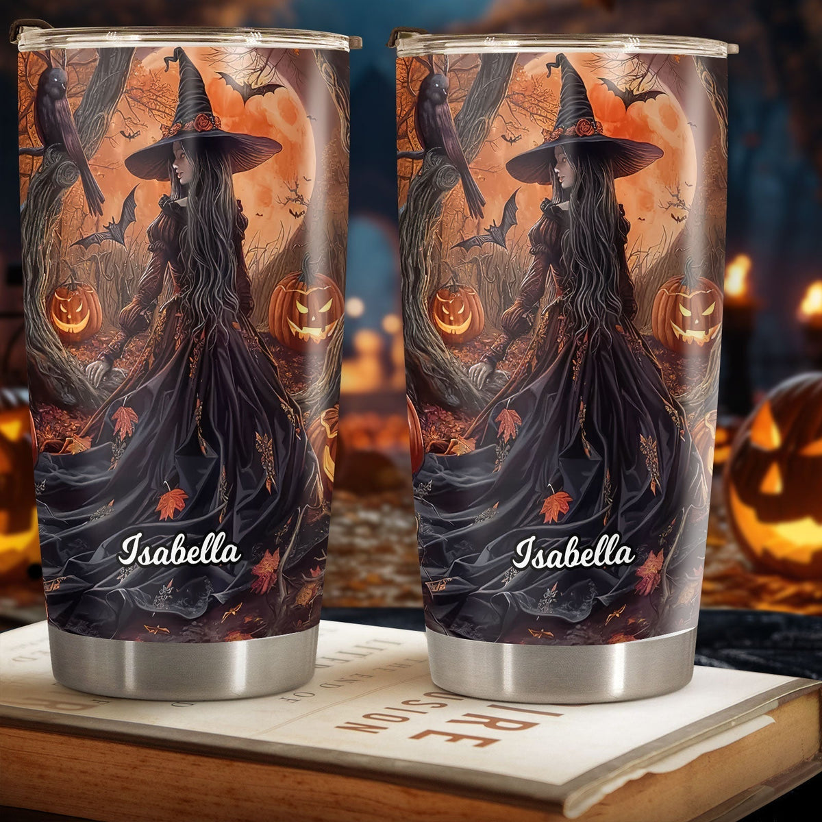 Personalized Halloween witch tumbler with spooky witch, pumpkins, and name Isabella by 365Gifty