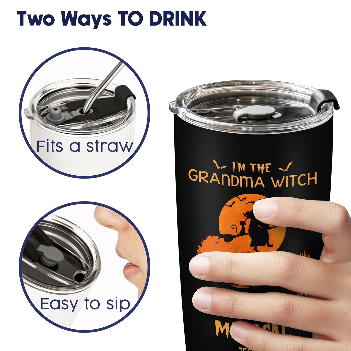 365Gifty personalized Halloween witch tumbler with straw and easy sip lid held in hand