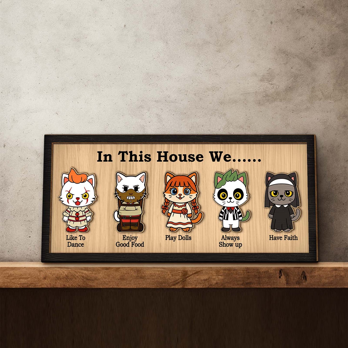 Personalized Halloween wooden sign featuring cute cartoon characters with fun phrases