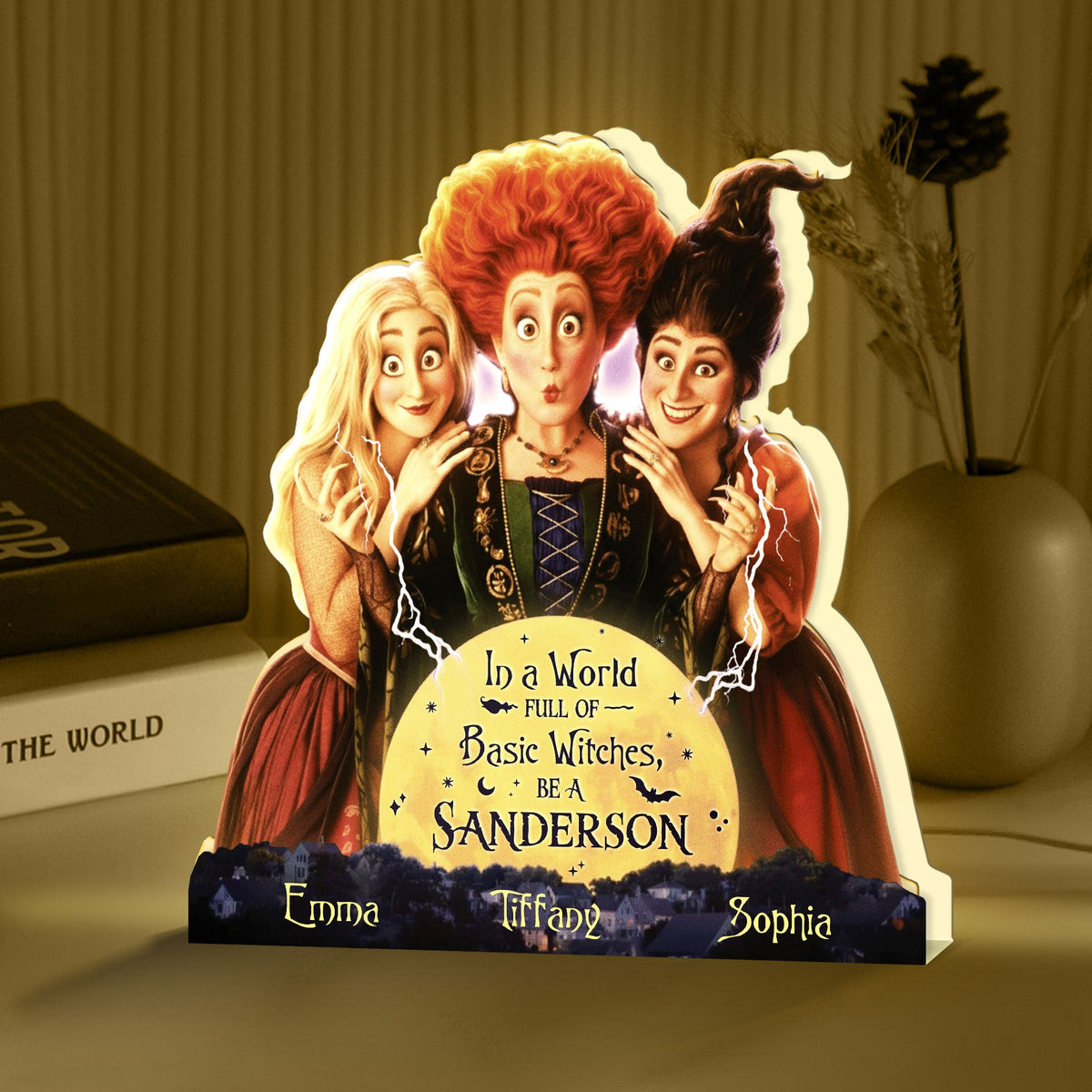Personalized Hocus Pocus Halloween light box featuring the Sanderson sisters with custom names for spooky decor