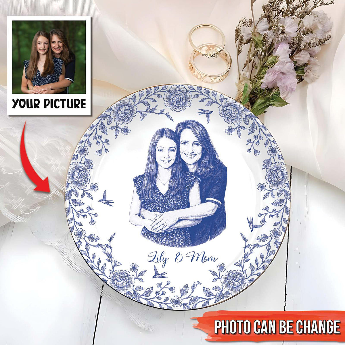 Customized personalized jewelry dish featuring a floral design and your photo for a memorable gift