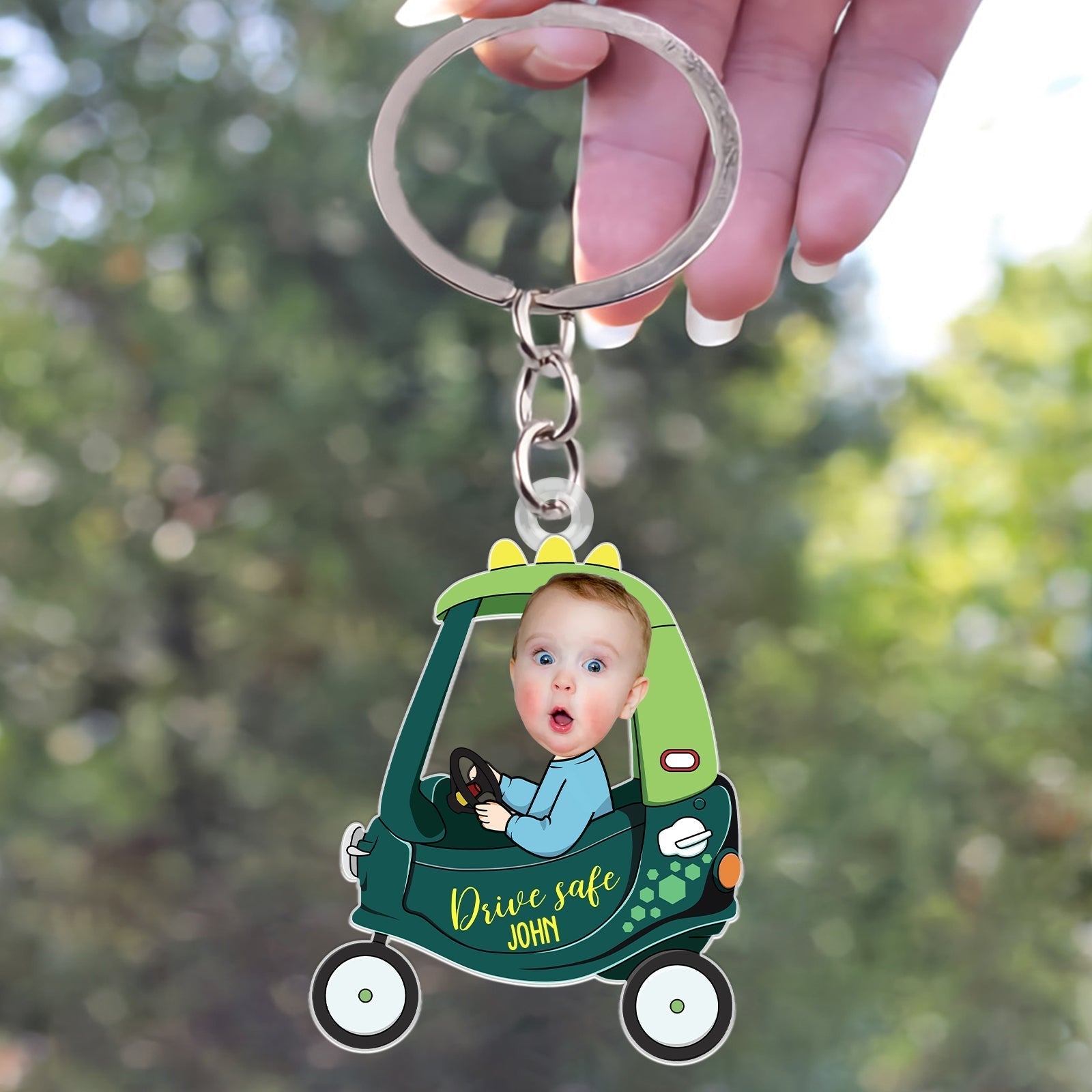 Personalized keychain gift for dad featuring a child in a toy car design with a custom name