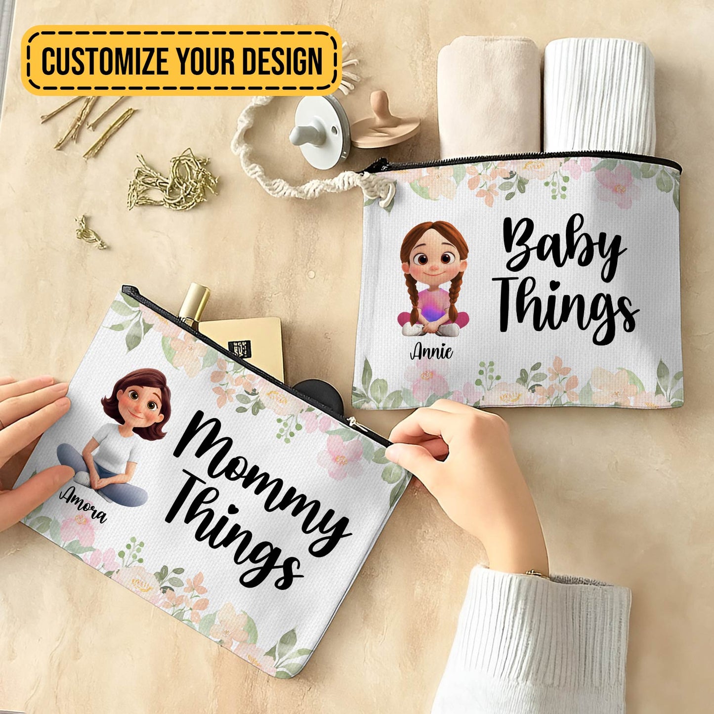 Personalized makeup bag with floral design, customizable for names like Mommy and Baby Things