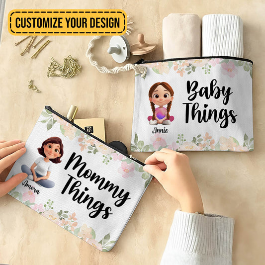 Personalized makeup bag with floral design, customizable for names like Mommy and Baby Things