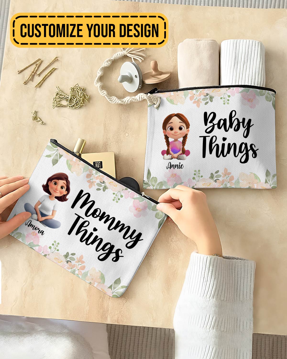 Personalized makeup bag with floral design, customizable for Baby Things and Mommy Things