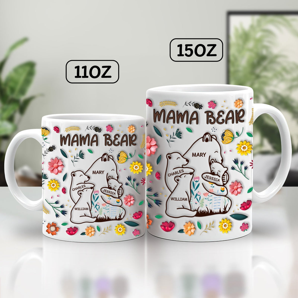 Personalized mama bear mug featuring floral designs with names, available in two sizes