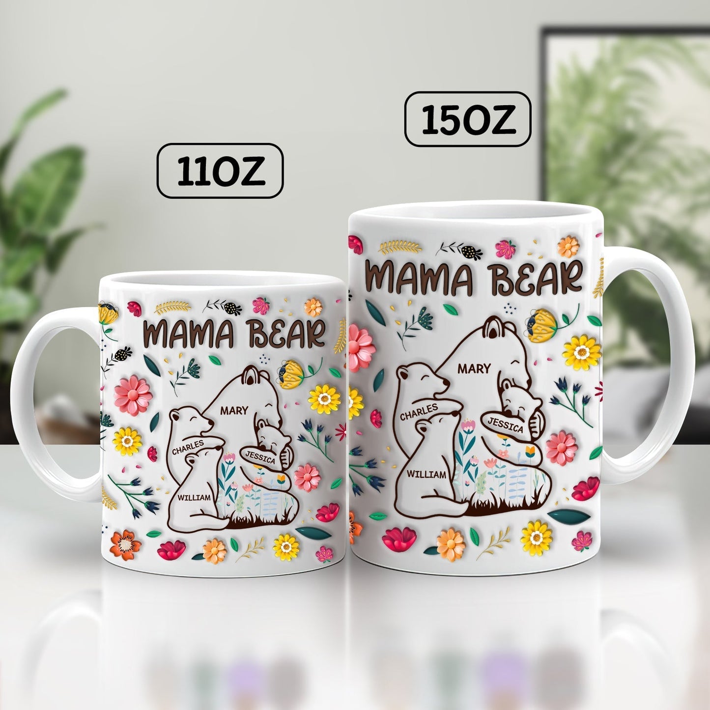 Personalized mama bear mug featuring floral designs with names, available in two sizes