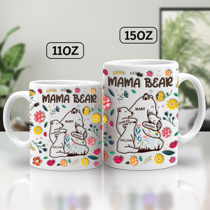 Personalized mama bear mug featuring floral designs with names, available in two sizes