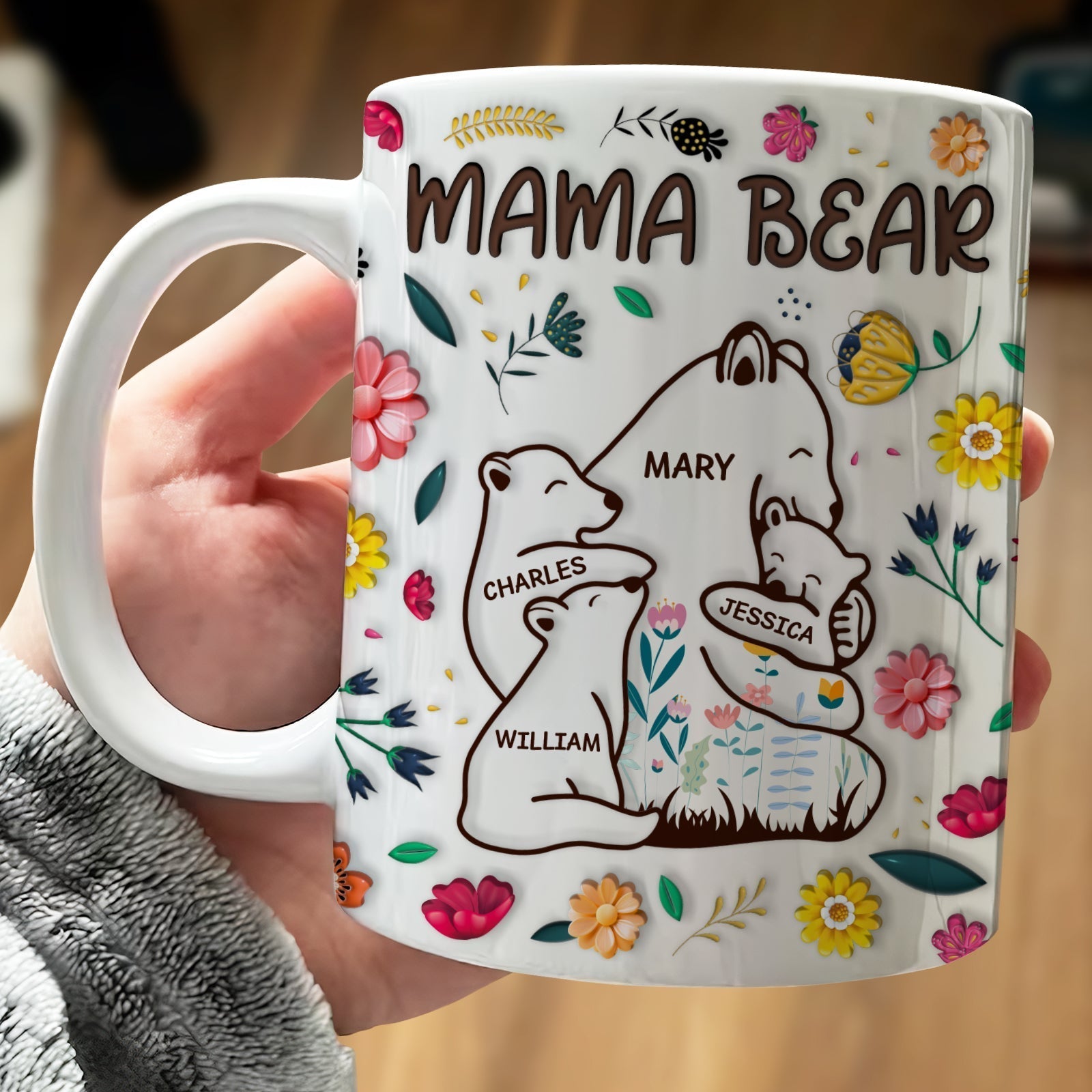 Personalized mama bear mug with floral design and names Mary, Charles, Jessica, and William