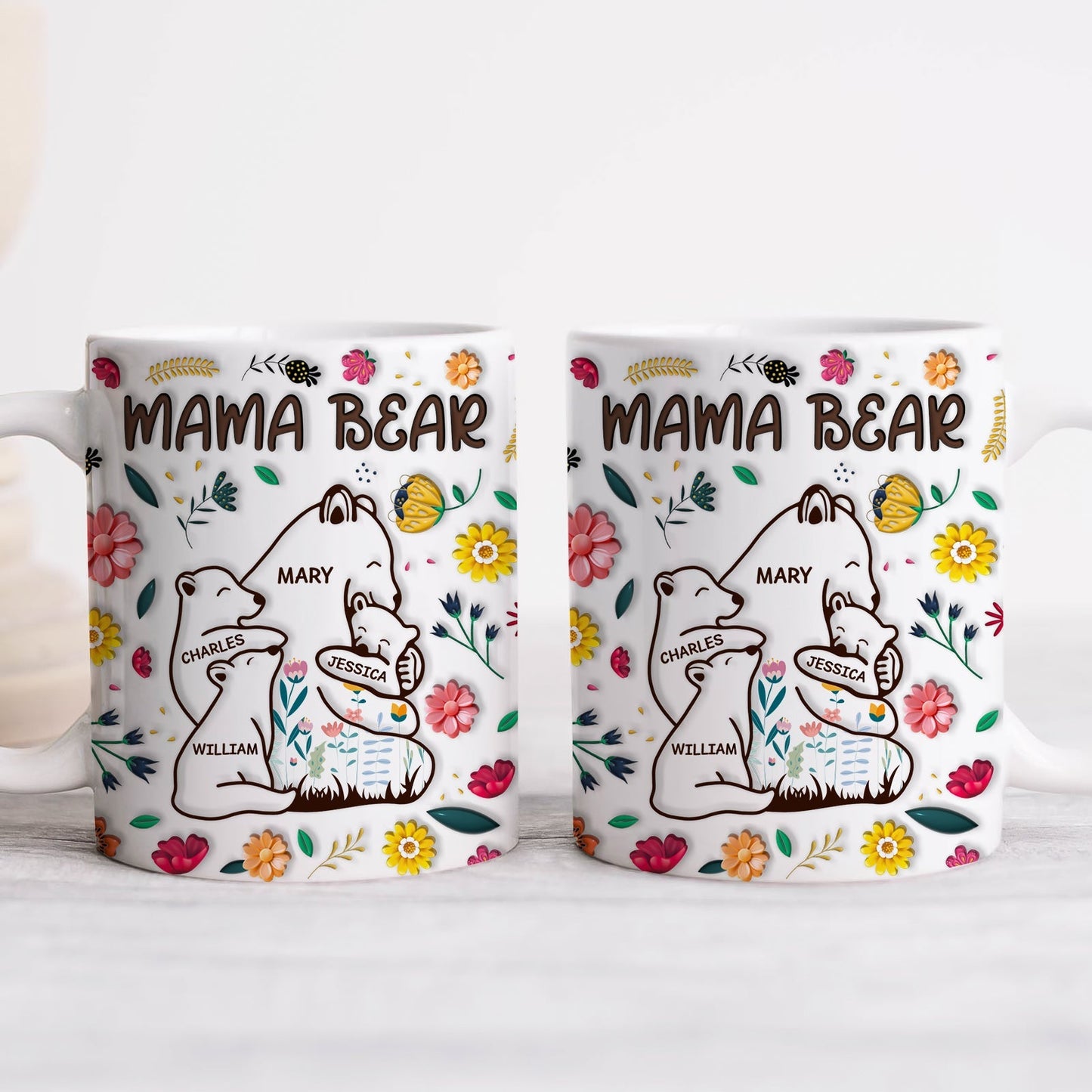 Personalized mama bear mug featuring floral designs and customizable names for a unique gift