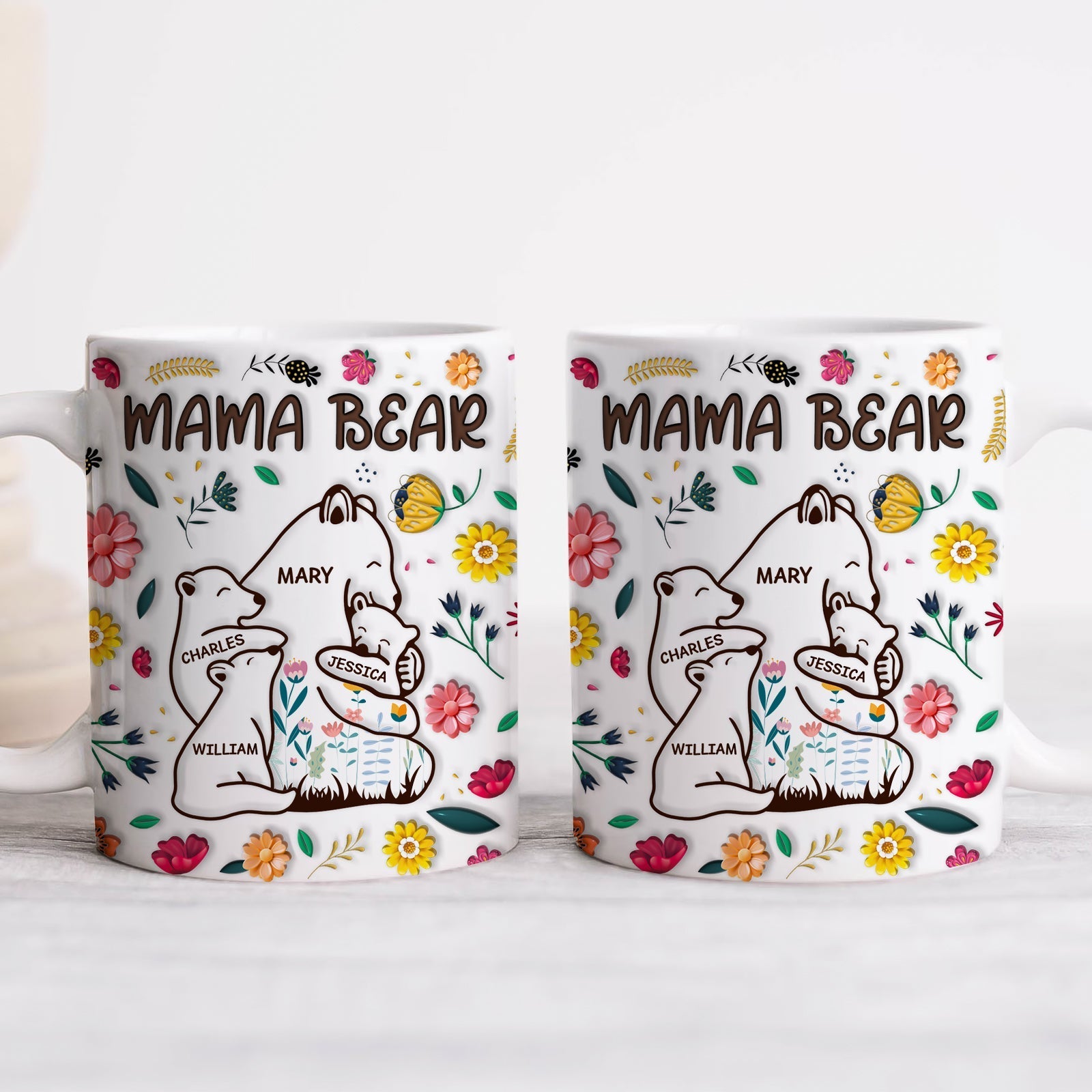 Personalized mama bear mug featuring floral designs and customizable names for a unique gift