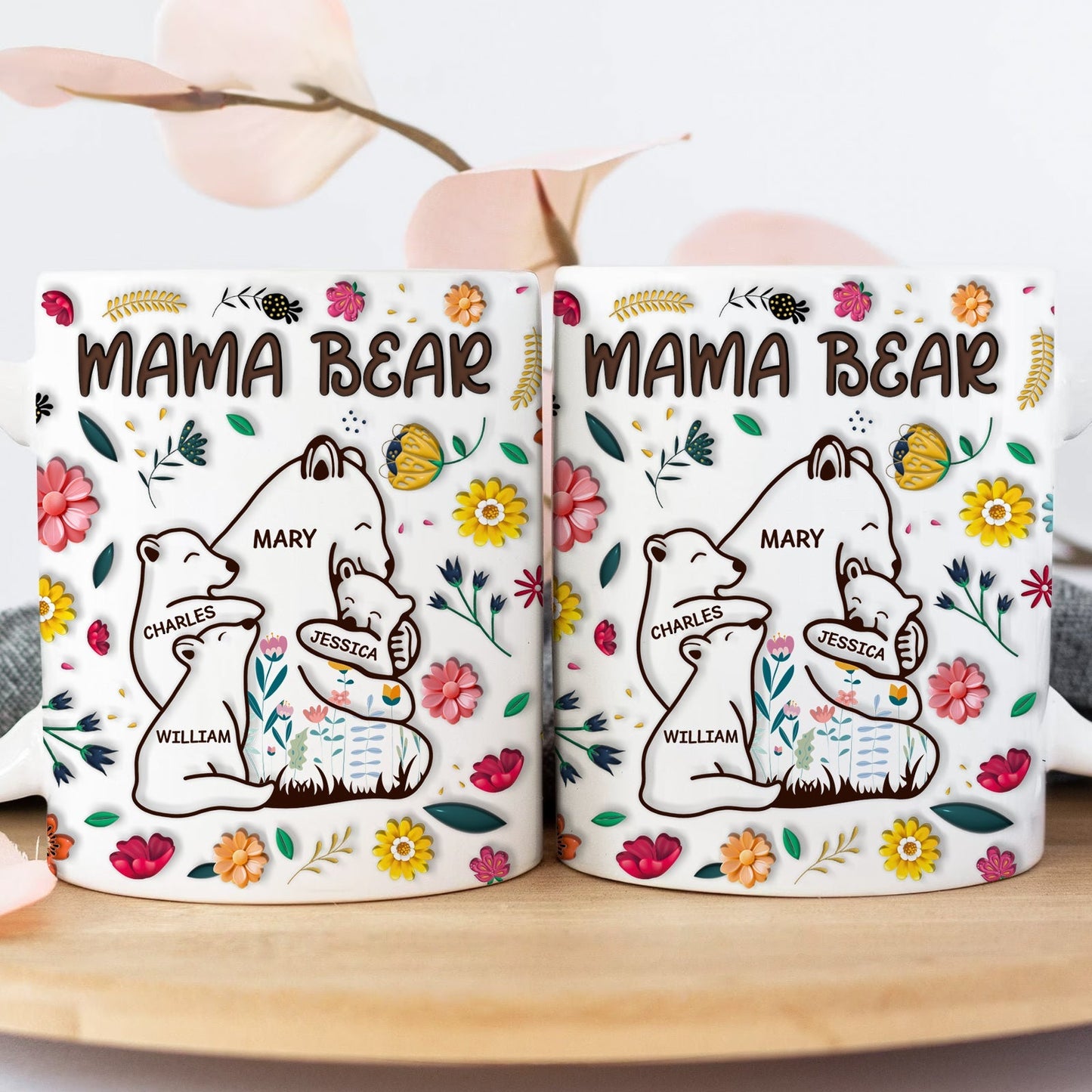 Personalized mama bear mug featuring floral designs and names for a heartfelt gift
