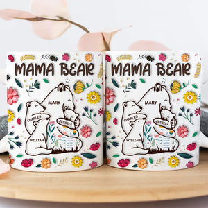 Personalized mama bear mug featuring floral designs and names for a heartfelt gift