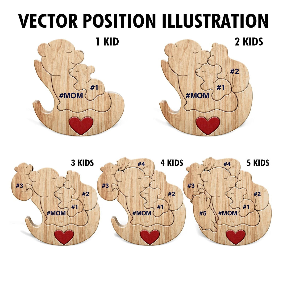 Personalized mama bear puzzle design with options for one to five kids, featuring a heart detail