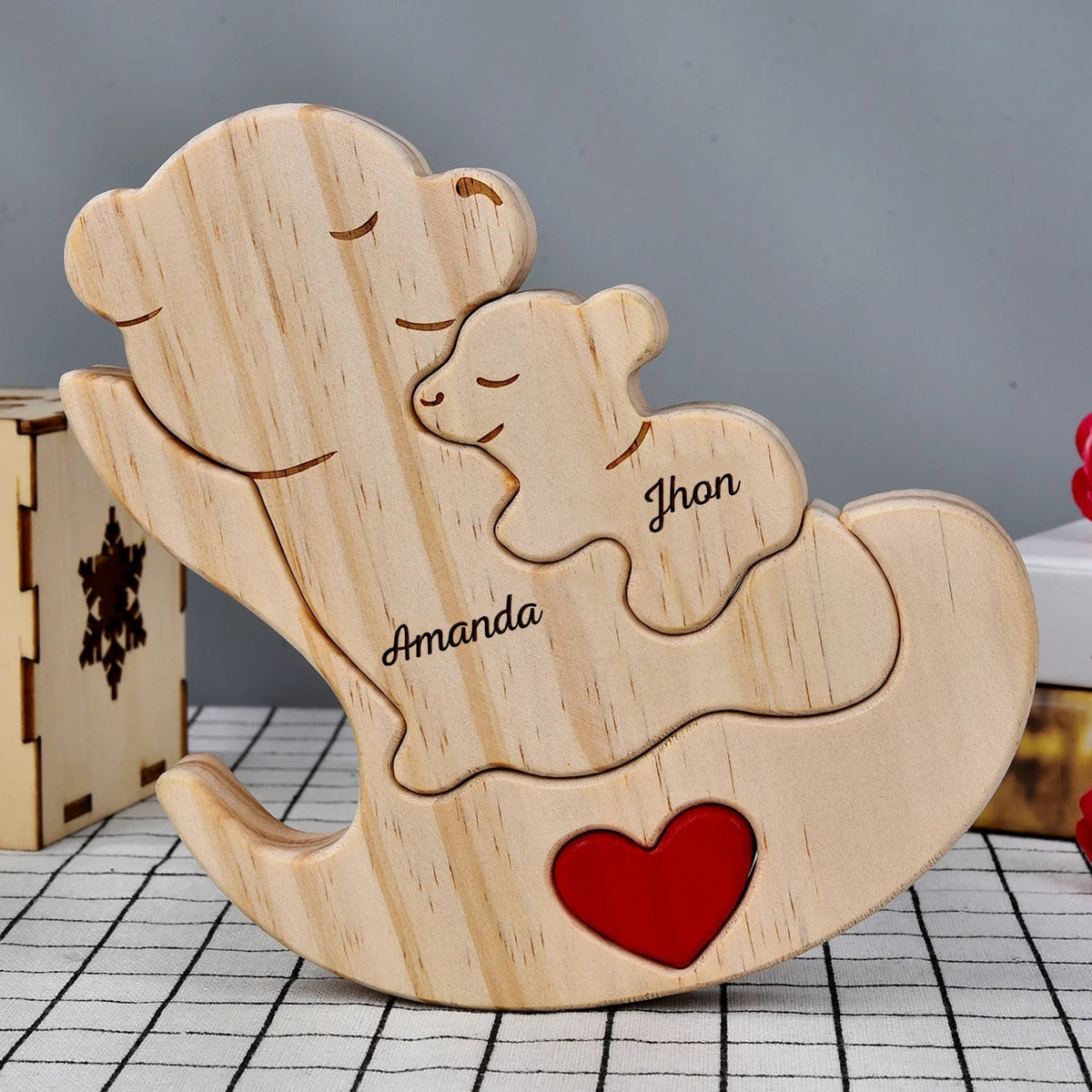 Personalized mama bear puzzle in wood featuring names and a heart for a unique gift