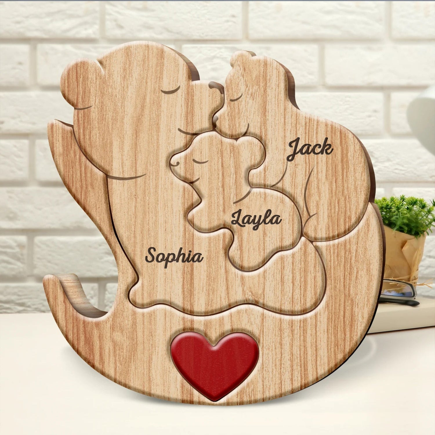 Personalized mama bear puzzle with three bear pieces and engravings for family names