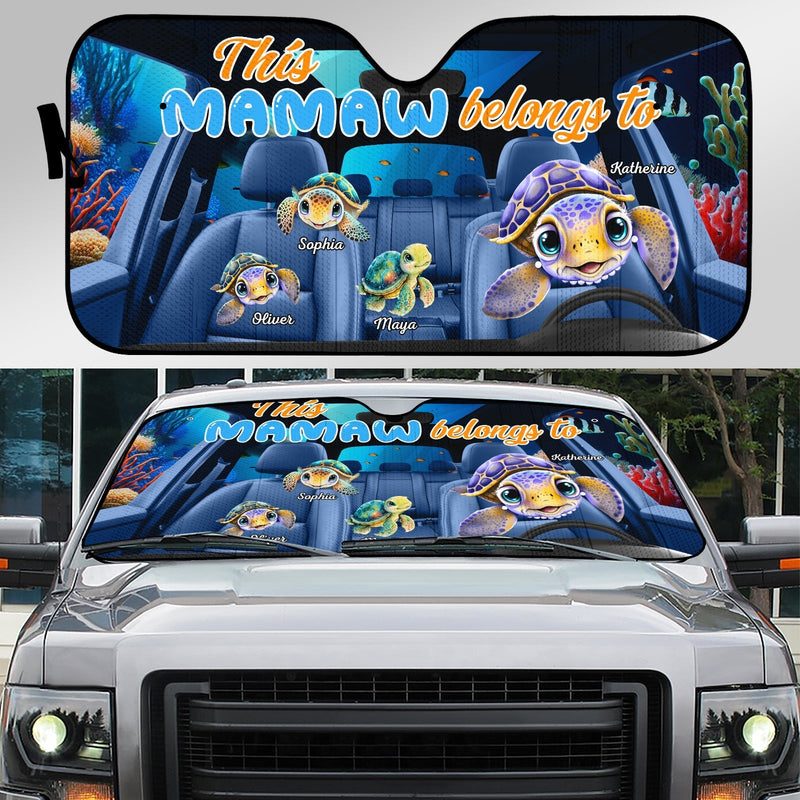 Personalized mamaw car sunshade featuring turtles and vibrant ocean theme for car protection
