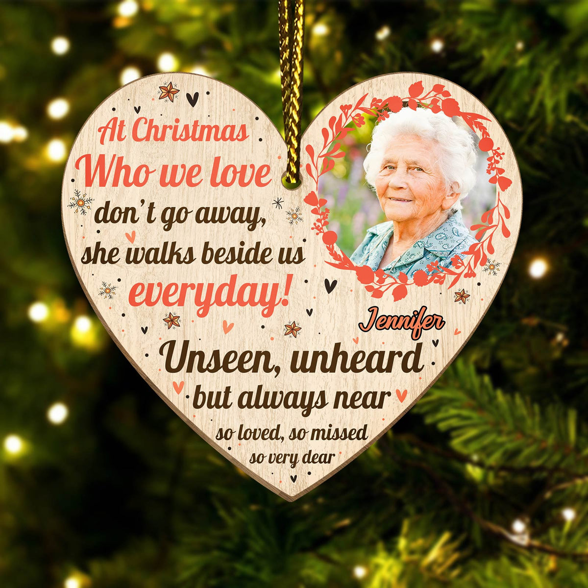 365Gifty personalized memorial Christmas ornament heart shaped with photo and sentimental message