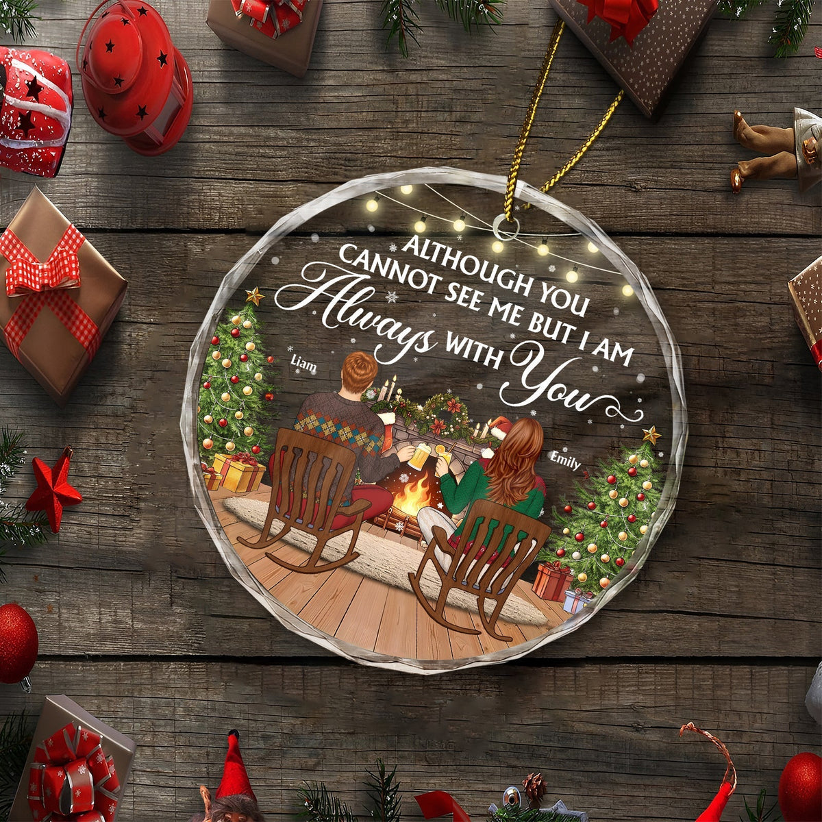 Personalized memorial couple ornament with custom names and heartfelt quote hanging with Christmas decorations